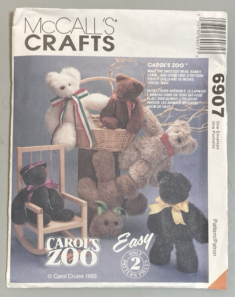 Vtg 1993 McCalls Crafts 6907 Pattern Bear Rabbit Bunny 16" Carol's Zoo UNCUT